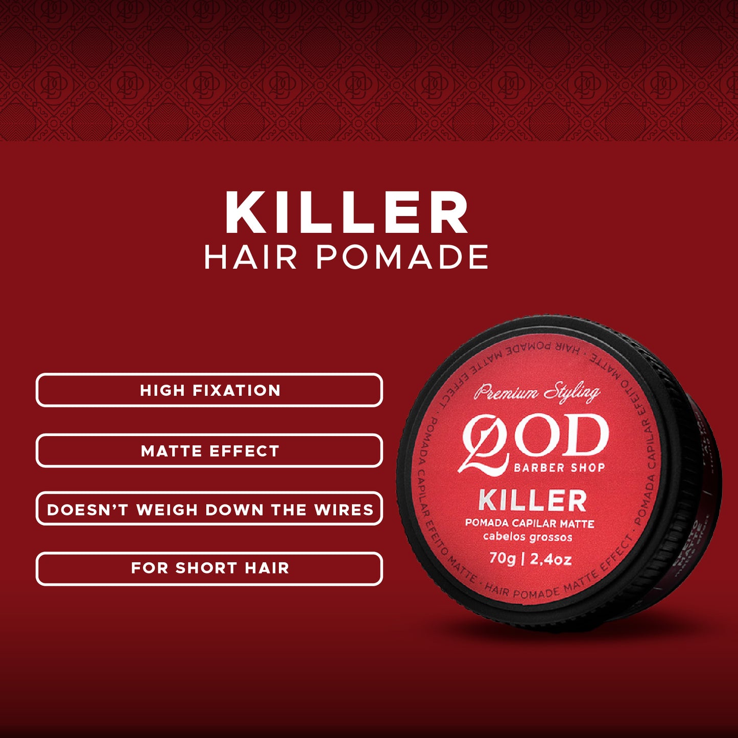 Killer Hair Pomade 70g - Strong Hold - Matte Effect - QOD Barber Shop