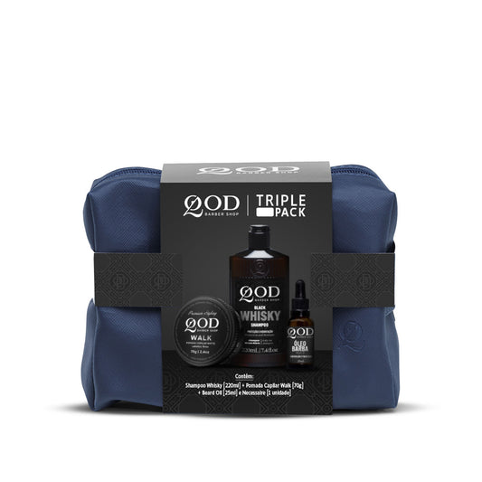 QBS Triple Pack Kit – Black Whisky Shampoo 220ml + Walk Matte Pomade 70g + Beard Oil 25ml + Blue Toiletry Bag