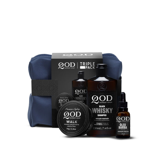 QBS Triple Pack Kit – Black Whisky Shampoo 220ml + Walk Matte Pomade 70g + Beard Oil 25ml + Blue Toiletry Bag